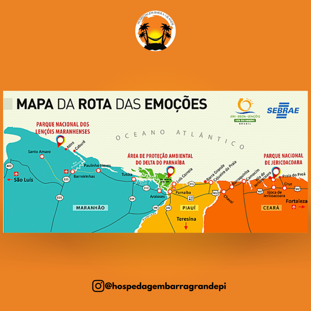 Mapa que ilustra a Rota das Emoções, um circuito turístico que conecta três grandes atrações naturais no Nordeste do Brasil, abrangendo os estados do Maranhão, Piauí e Ceará.