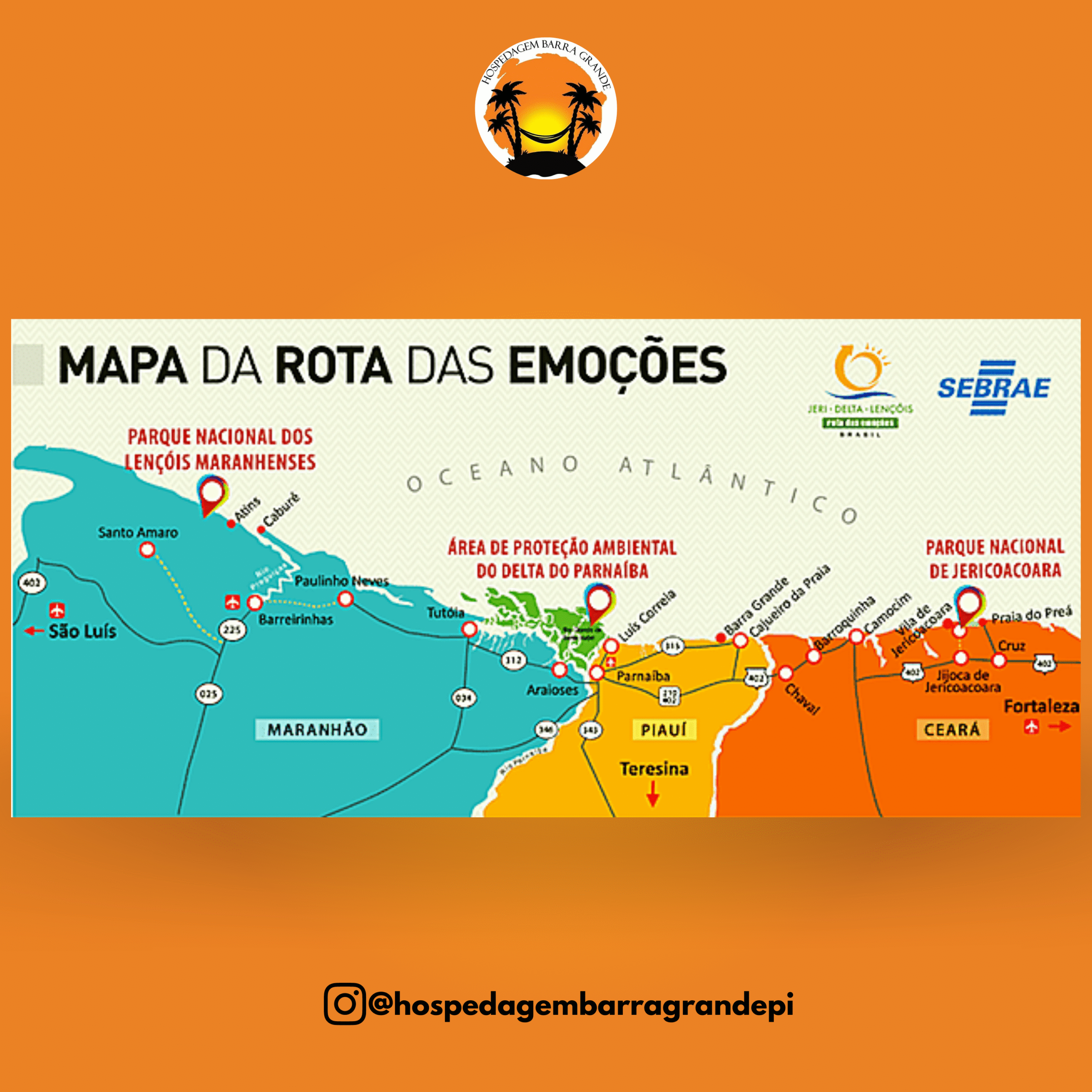 Mapa que ilustra a Rota das Emoções, um circuito turístico que conecta três grandes atrações naturais no Nordeste do Brasil, abrangendo os estados do Maranhão, Piauí e Ceará.